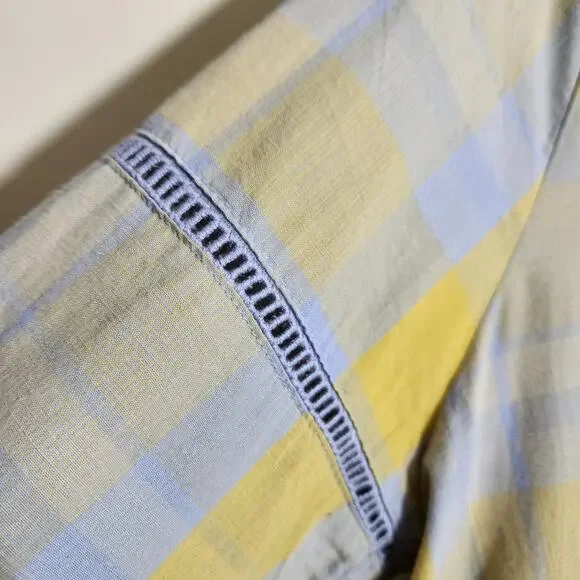 PrAna Elena popover yellow & blue plaid vneck button front shirt woman's size XL - Picture 7 of 12